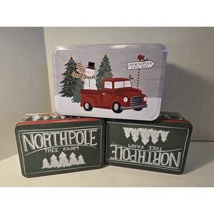3 Christmas Tins North Pole Tree Farm Snow Man Food Storage Camper Truck /0410